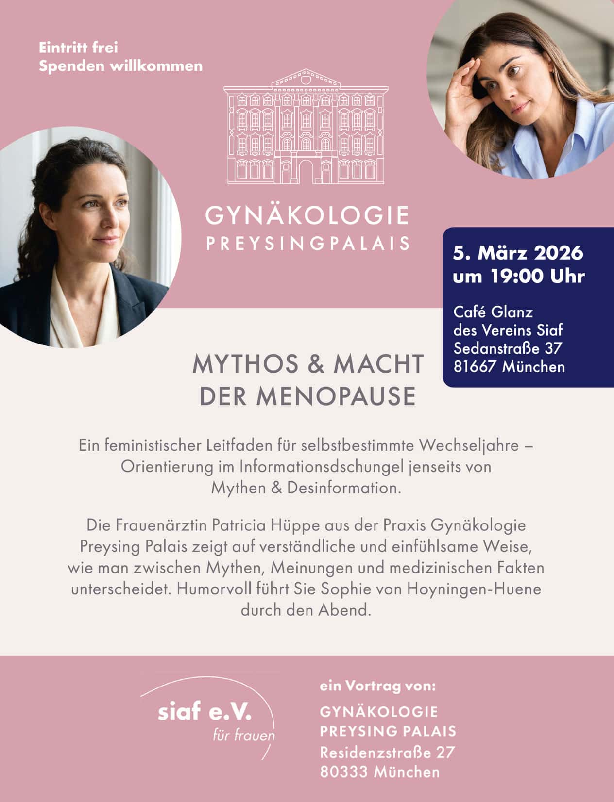 Flyer zum Vortrag Mythos und Macht der Menopause am 5.3.2026 im siaf